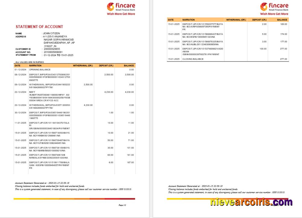 INDIA FINCARE bank statement, Word and PDF format, version 2